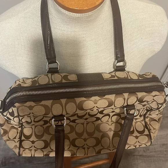 Coach - Signature Stripe Nancy Satchel Handbag 28505 - Khaki Brown Mahogany - Picture 4 of 15